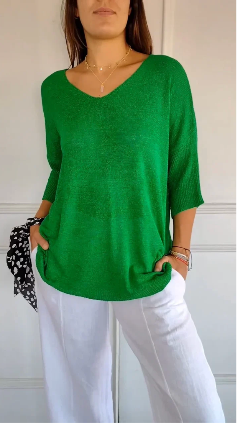 Chic Red V-Neck Blouse with 3/4 Sleeves