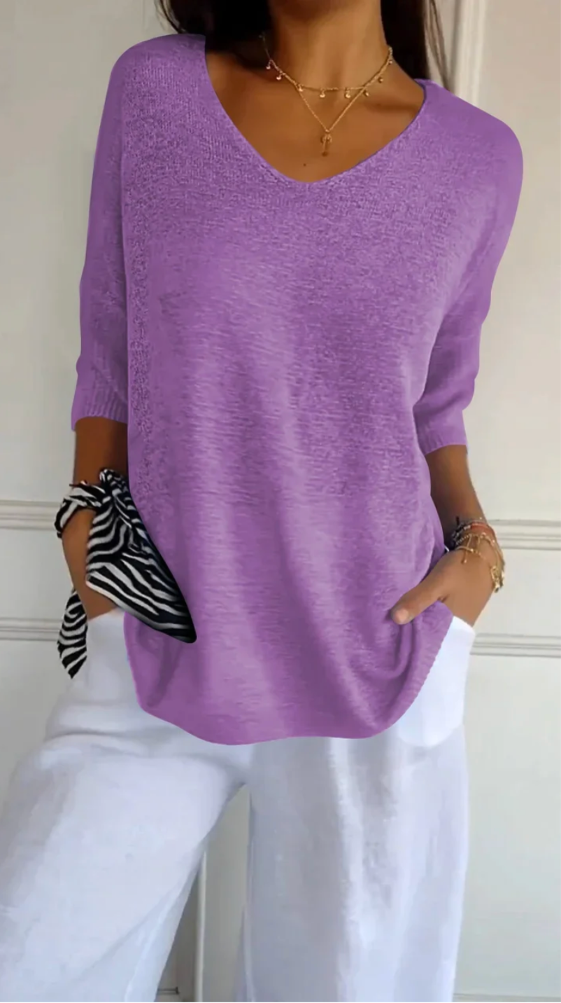 Chic Red V-Neck Blouse with 3/4 Sleeves