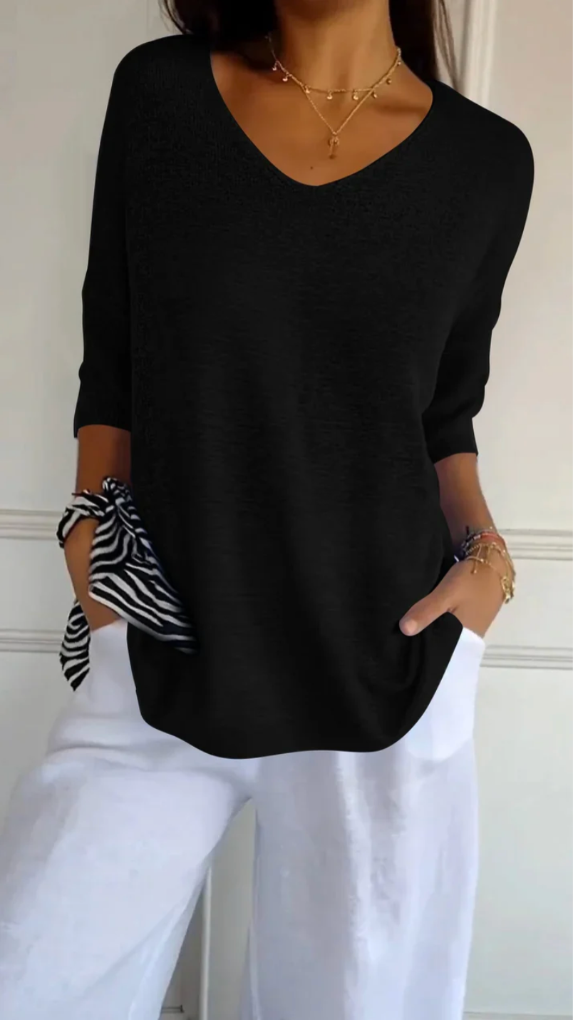 Chic Red V-Neck Blouse with 3/4 Sleeves