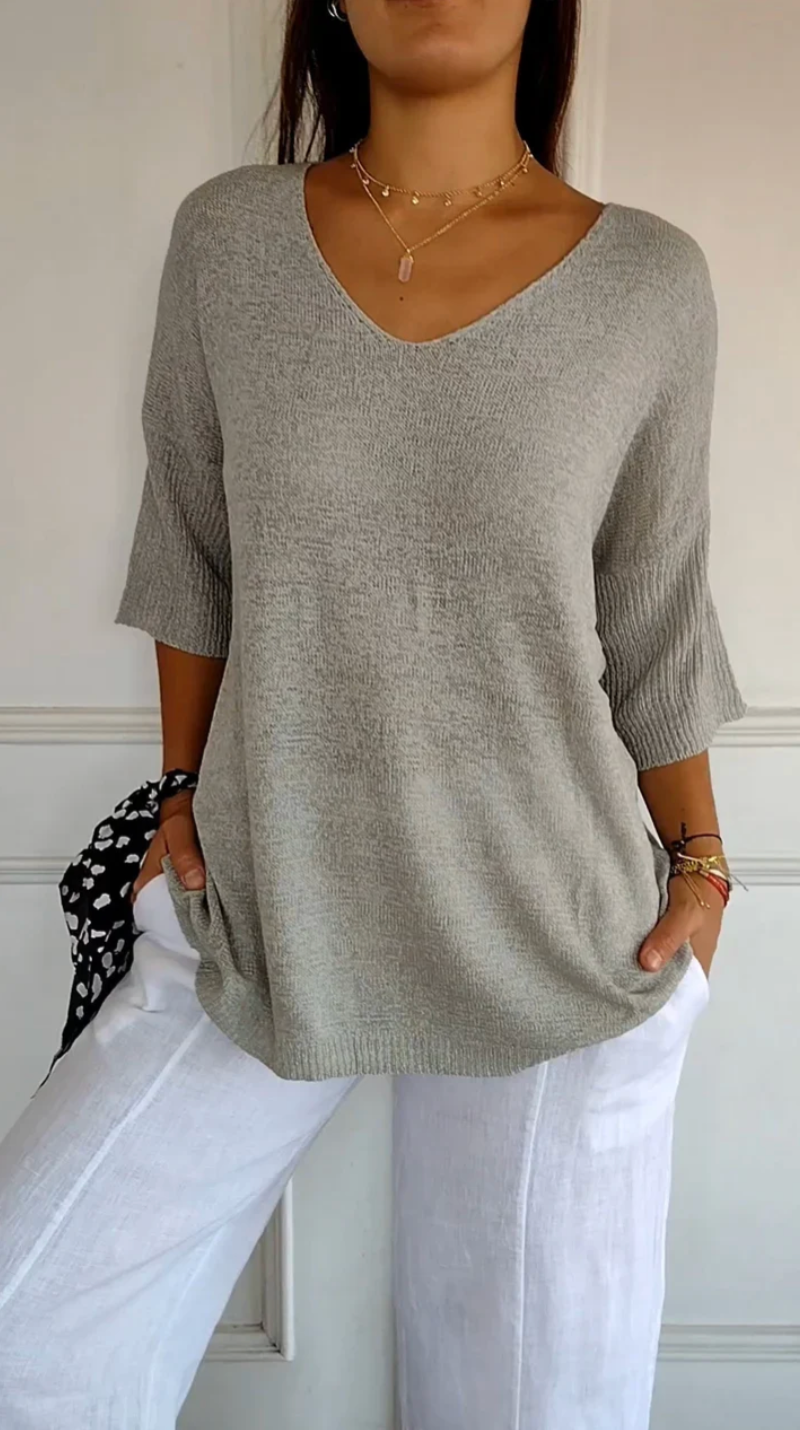 Chic Red V-Neck Blouse with 3/4 Sleeves