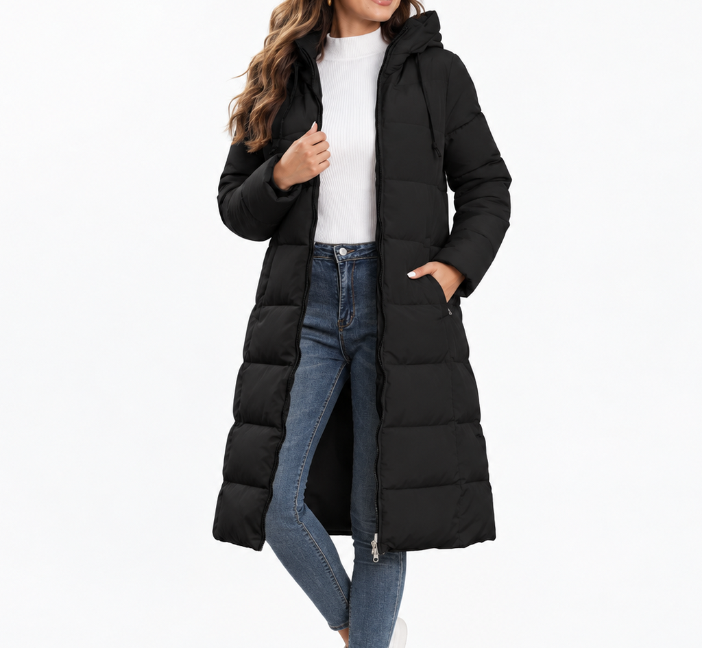 Amara | Women's Long Hooded Quilted Puffer Jacket with Drawstring Hood, Side Pockets & Relaxed Winter Fit