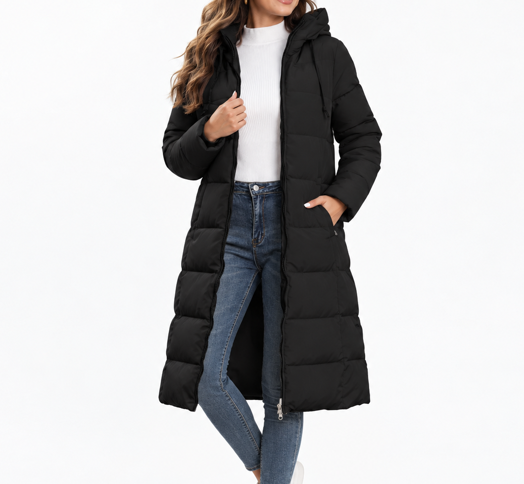 Amara | Women's Long Hooded Quilted Puffer Jacket with Drawstring Hood, Side Pockets & Relaxed Winter Fit
