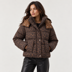 Cerise | Statement Brown Puffer Jacket for Women with Leopard Print