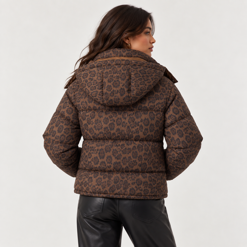 Cerise | Statement Brown Puffer Jacket for Women with Leopard Print