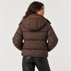 Cerise | Statement Brown Puffer Jacket for Women with Leopard Print