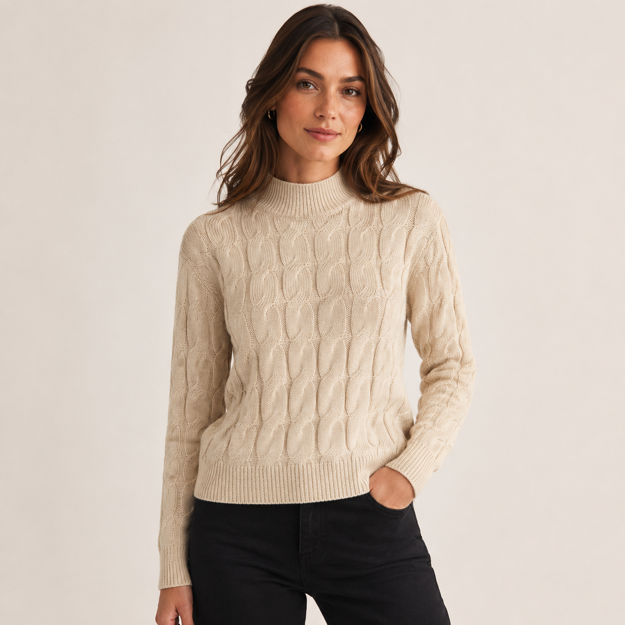 Beatrix – Women's Apricot High-Neck Cable Knit Jumper