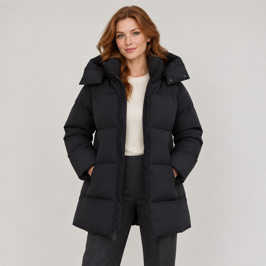 Amarante | Chic Black Puffer Jacket for Women with Longline Hooded Silhouette