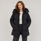 Amarante | Chic Black Puffer Jacket for Women with Longline Hooded Silhouette