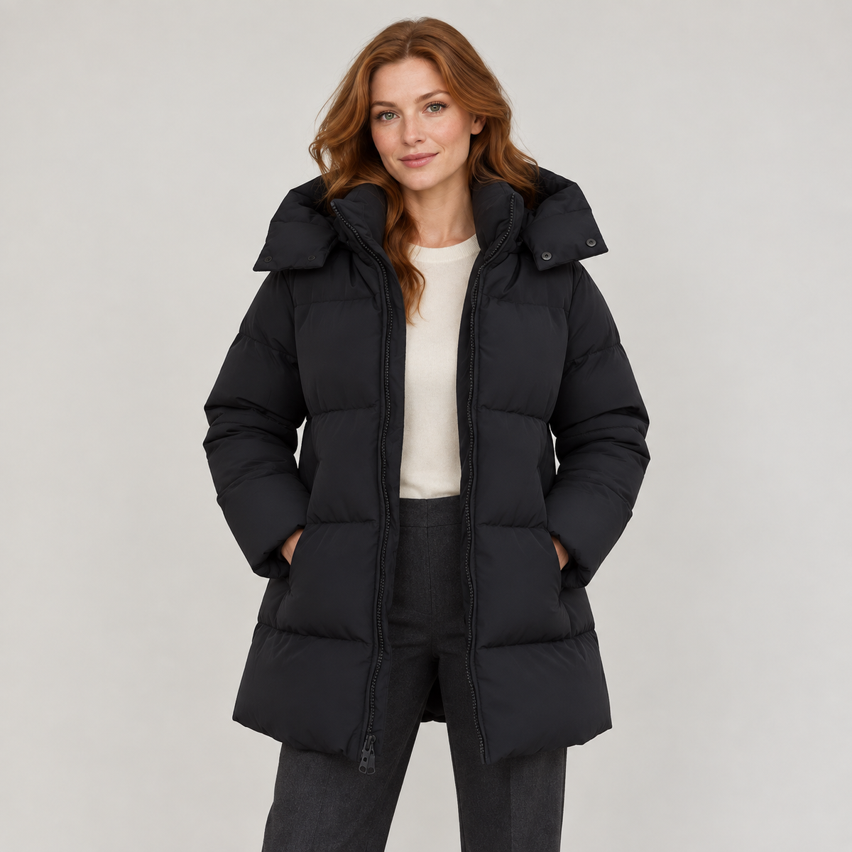 Amarante | Chic Black Puffer Jacket for Women with Longline Hooded Silhouette