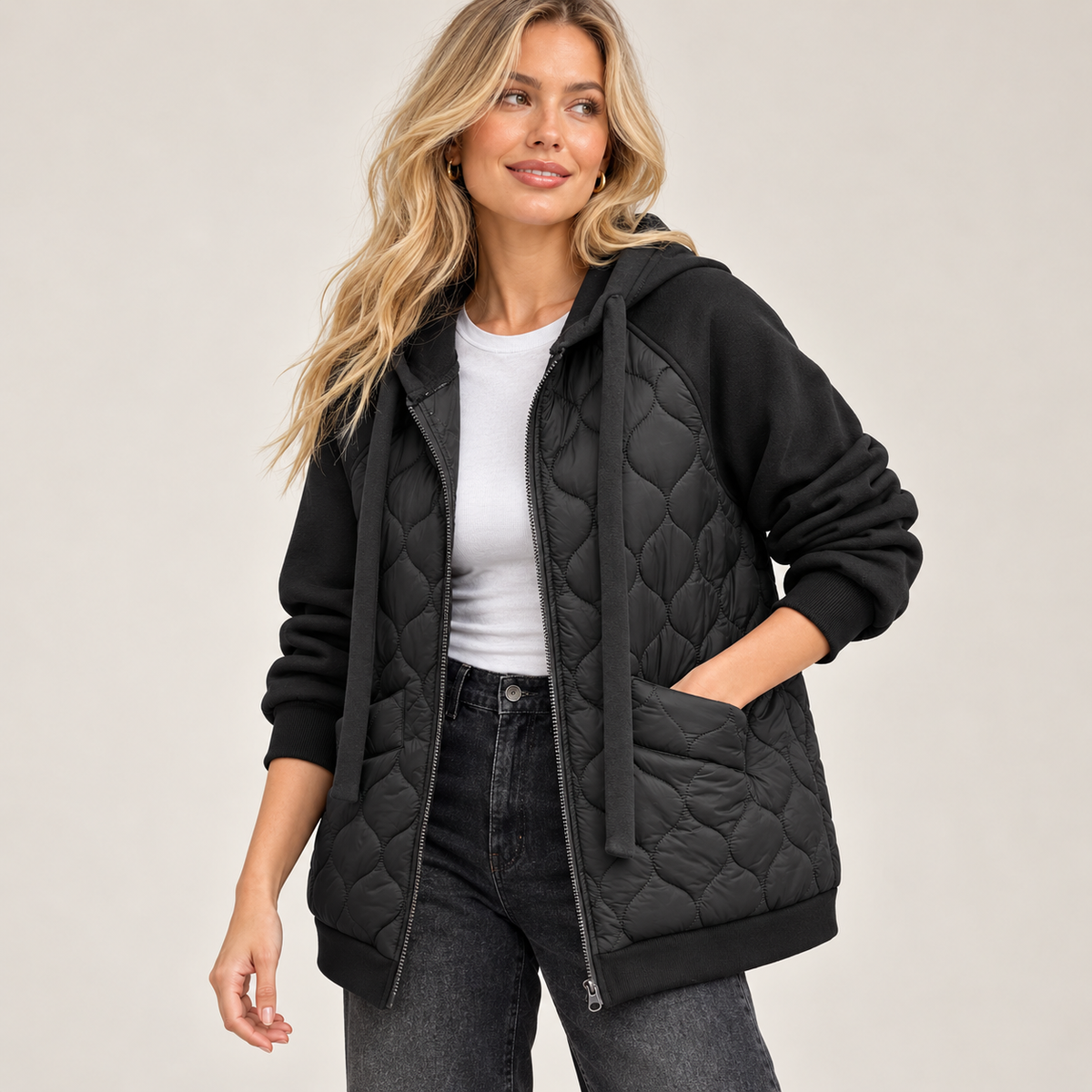 Corisande | Elegant Black Quilted Jacket for Women with Cosy Hooded Finish