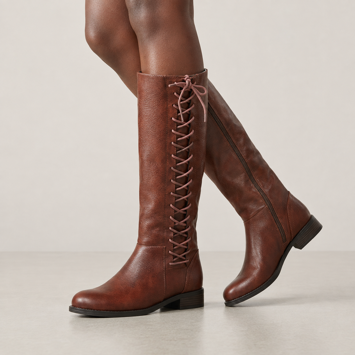 Vivienne | Lace-Up Knee High Boots in Faux Leather
