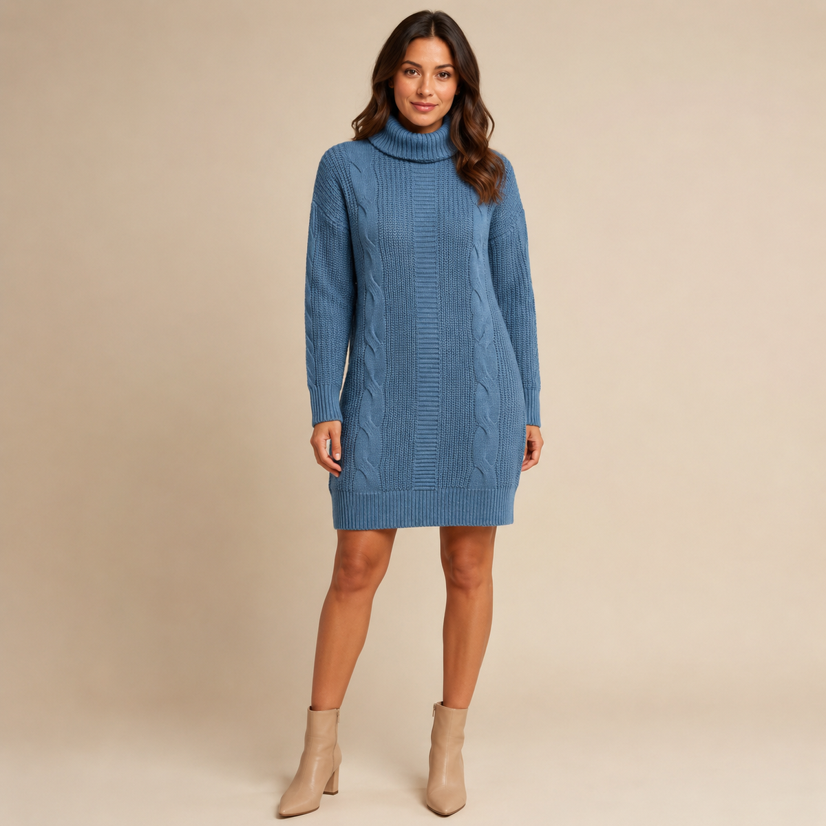 Margaux – Women's Blue Cable Knit Turtleneck Jumper Dress