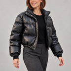 Maeline | Chic Black Puffer Jacket for Women with Cropped Vegan-Leather Finish