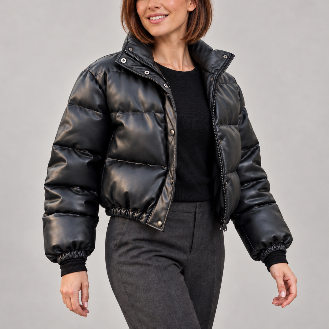 Maeline | Chic Black Puffer Jacket for Women with Cropped Vegan-Leather Finish