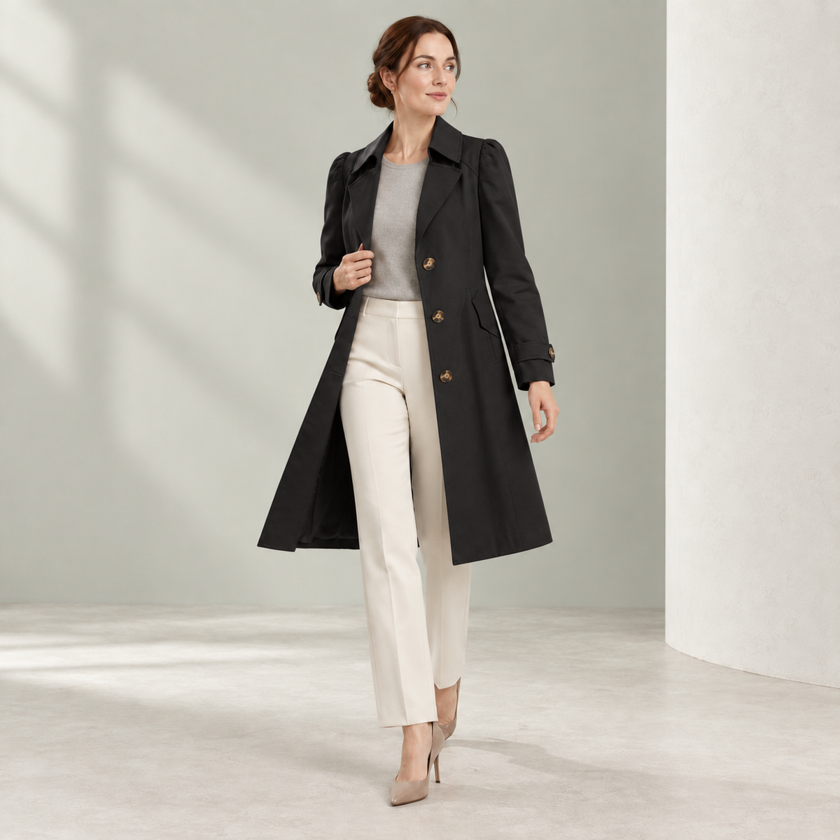 Margarette | Elegant Long Coat for Women with Classic Lapel & Button Front