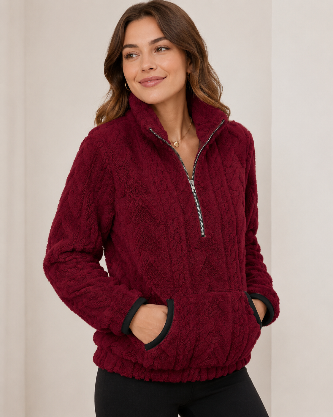 Marielle | Textured Half-Zip Pullover with Kangaroo Pocket