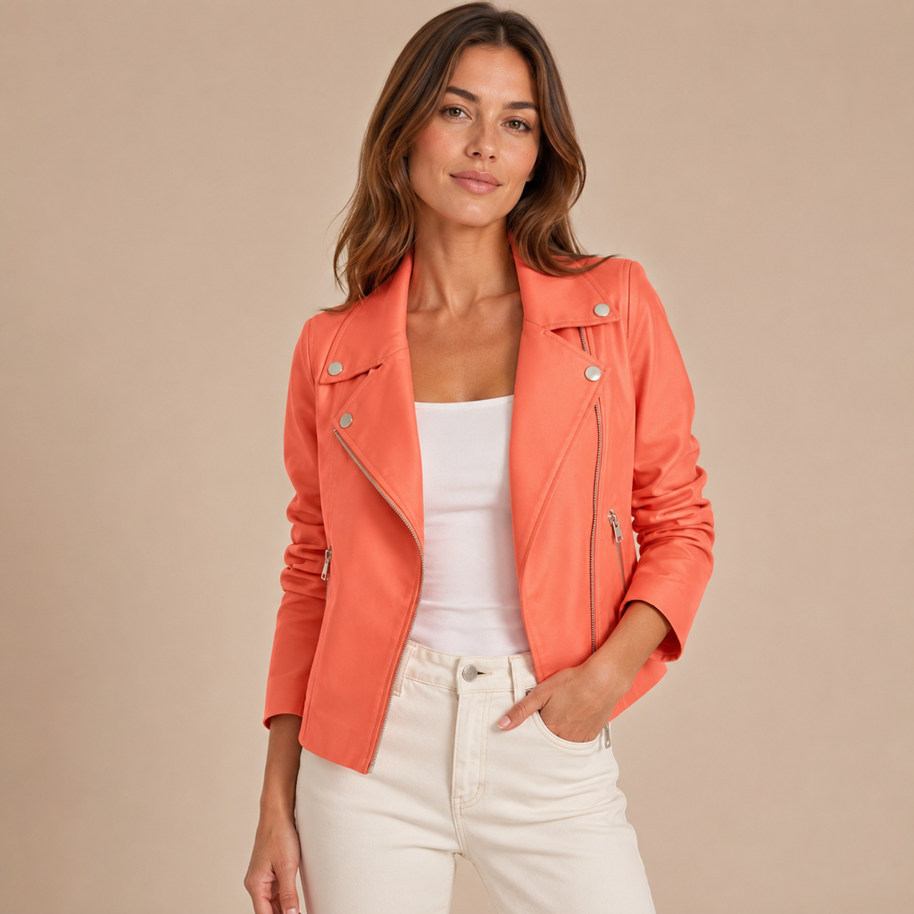 Ottoline – Women's Orange Collared Faux Leather Jacket
