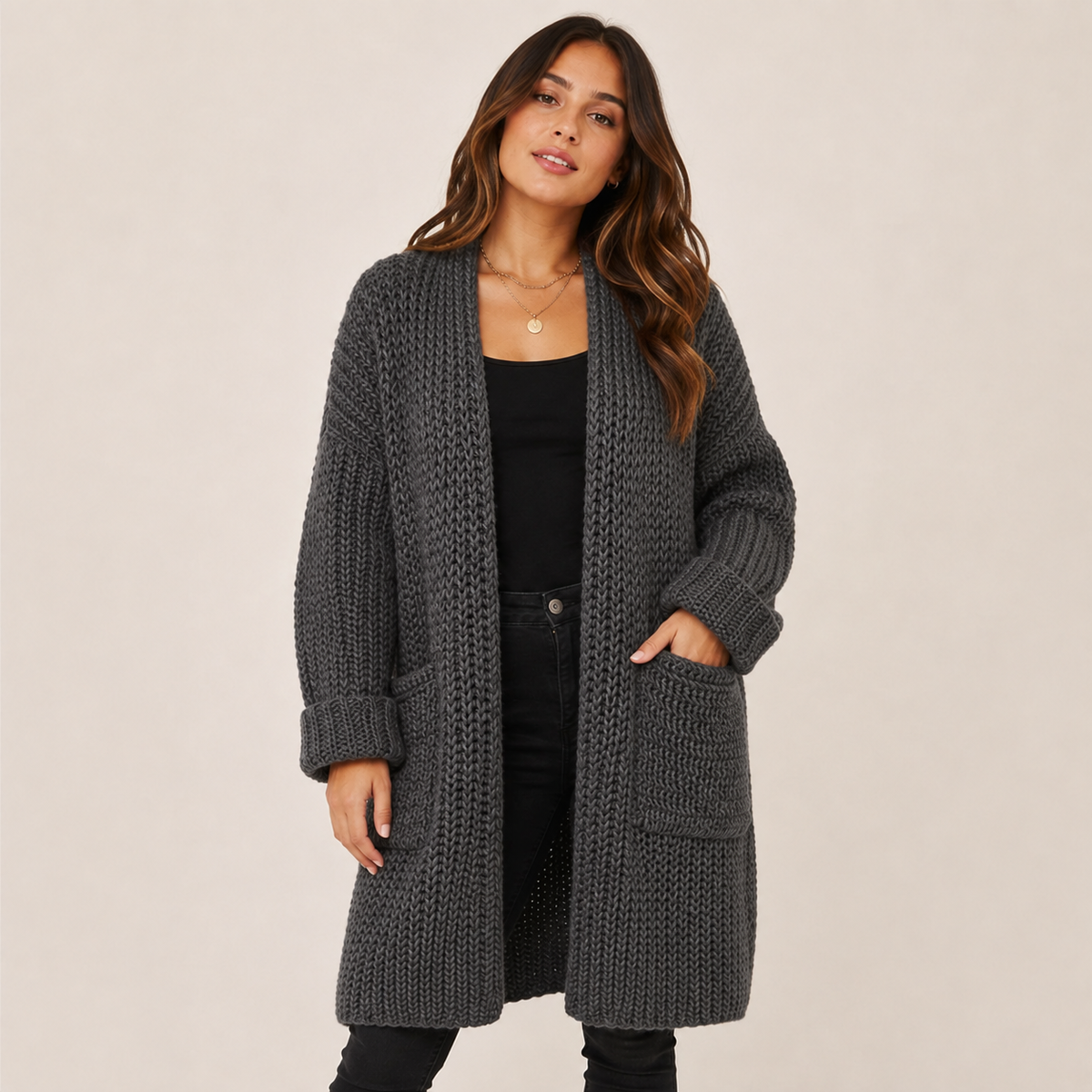 Delphine | Elegant Long Cardigan for Women with Chunky Open-Front Knit