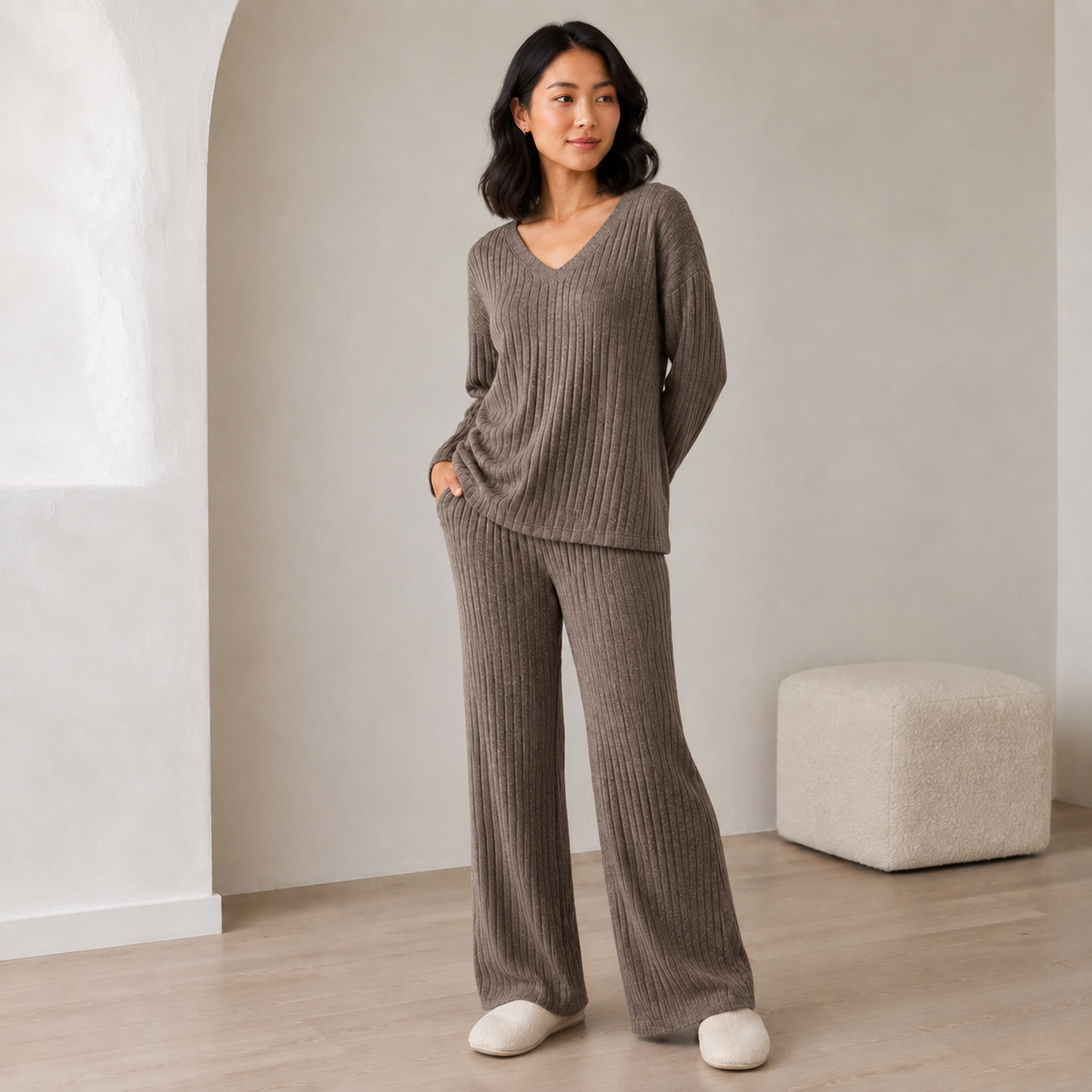 Isaline | Elegant Womens Lounge Sets with Ribbed V-Neck Top & Wide-Leg Trousers