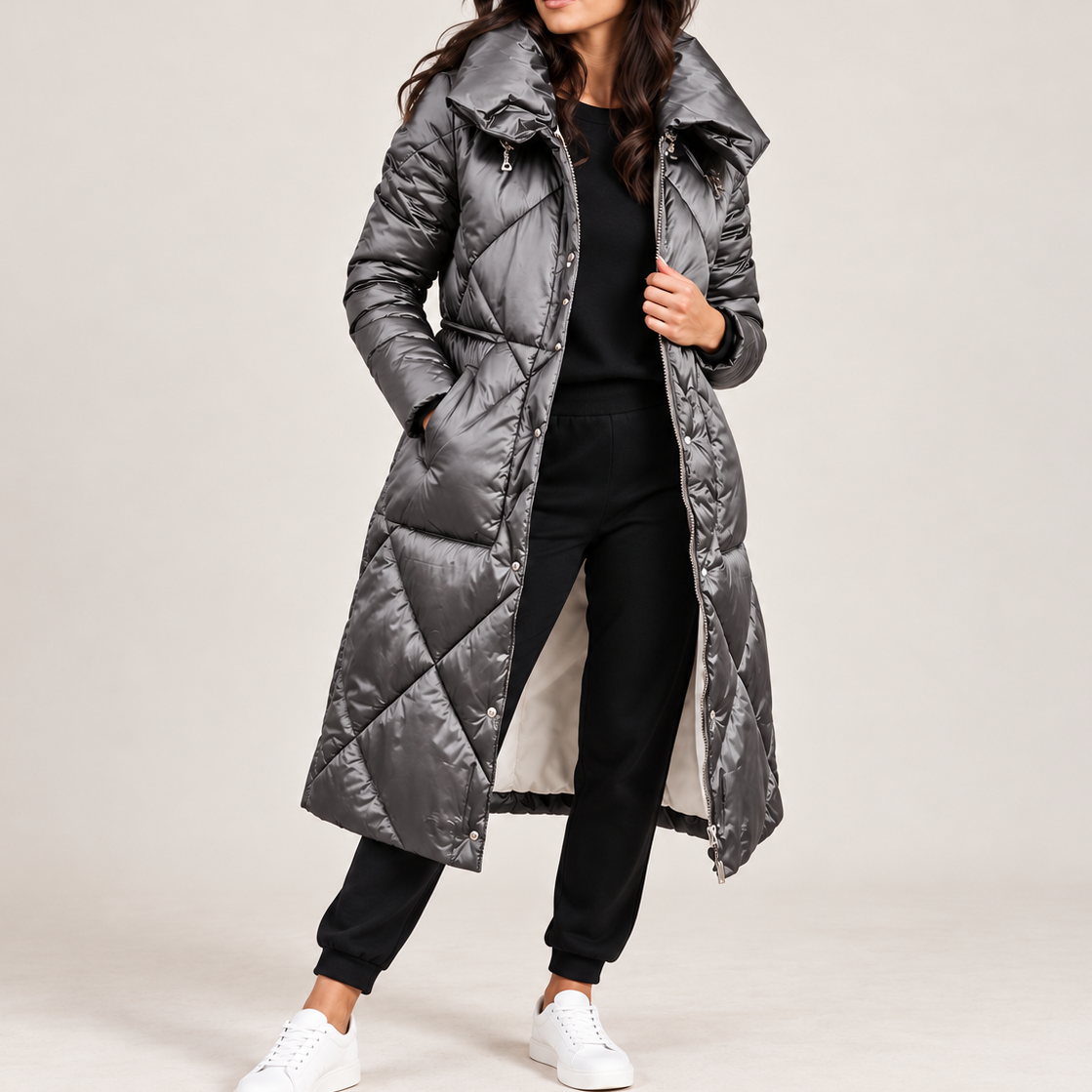 Celestielle | Elegant Womens Long Puffer Coat with Diamond Quilting & High Collar