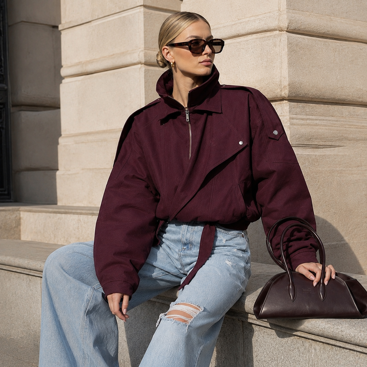 Marceline – Women's Burgundy Bomber Jacket with Stand Collar