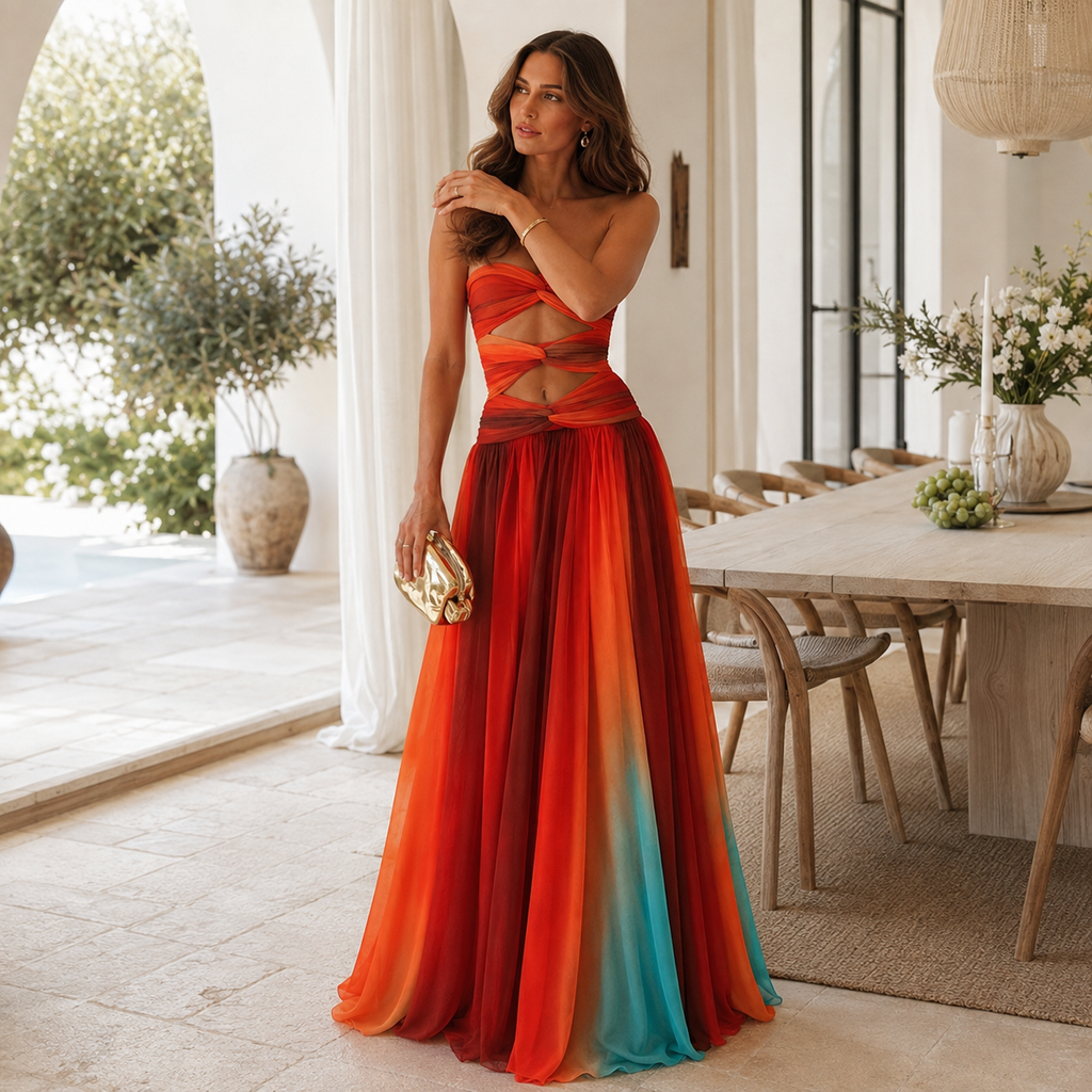 Rosalind – Strapless Block-Print Maxi Dress for Summer Evenings