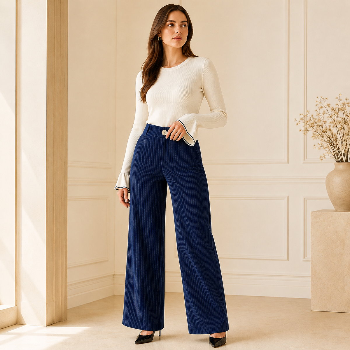 Cornelia | Elegant High Waist Corduroy Trousers for Women – Wide Leg Cord Trousers