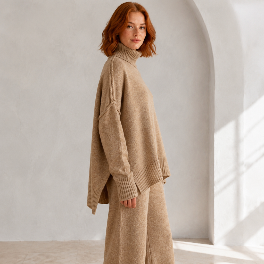 Elara | Cosy Loungewear Set for Women with Oversized Turtleneck & Wide-Leg Trousers