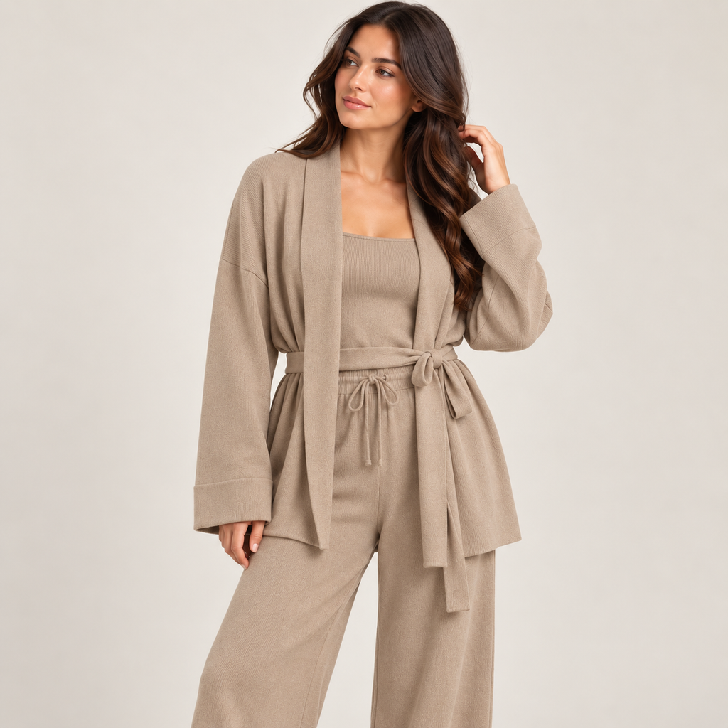Maelle | Elegant Knitted Co-Ord Sets for Women with Belted Cardigan & Wide-Leg Trousers