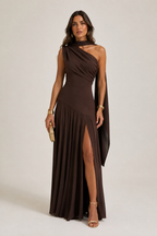 Liliane – Brown One-Shoulder Pleated Maxi Dress