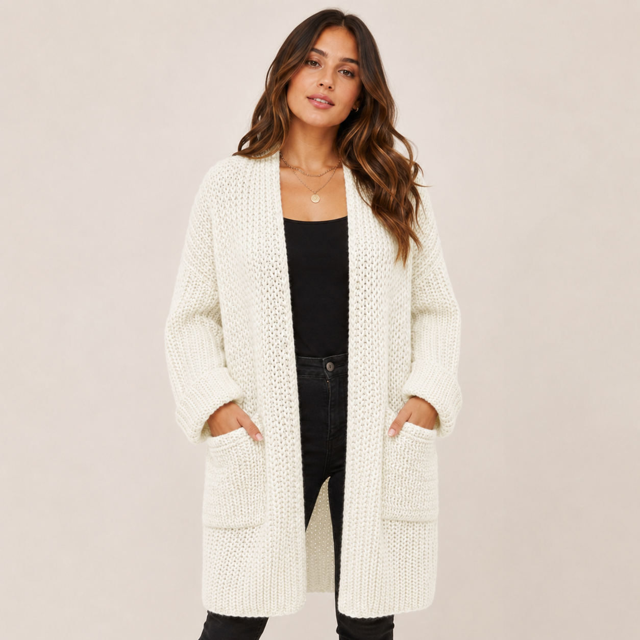 Delphine | Elegant Long Cardigan for Women with Chunky Open-Front Knit