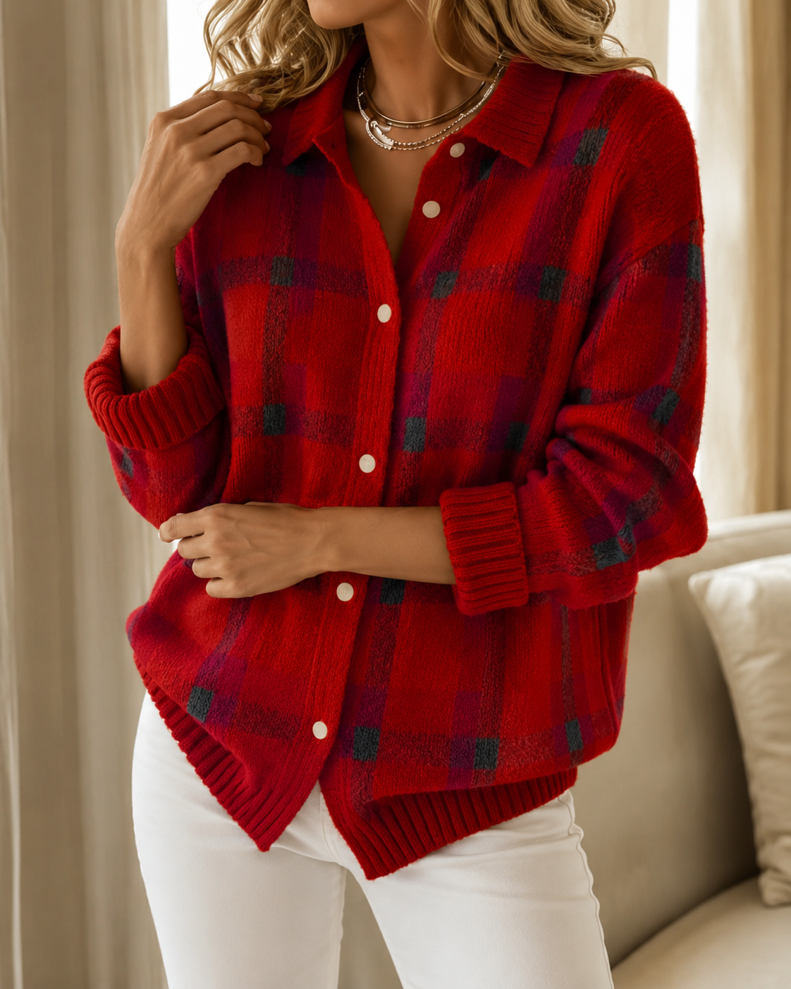 Camellia | Checkered Longline Button-Front Cardigan for Women