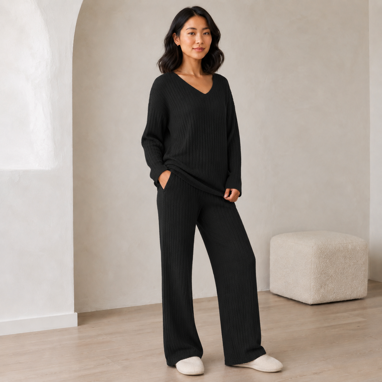 Isaline | Elegant Womens Lounge Sets with Ribbed V-Neck Top & Wide-Leg Trousers