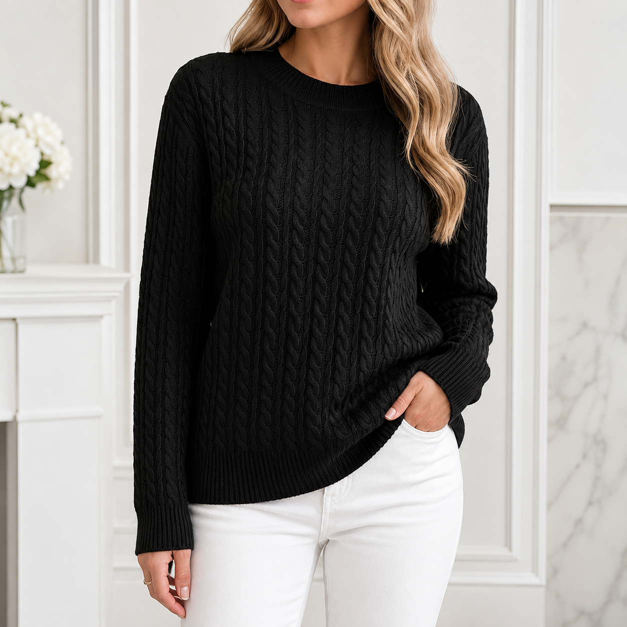 Anouk | Relaxed Cable-Knit Round Neck Sweater for Women