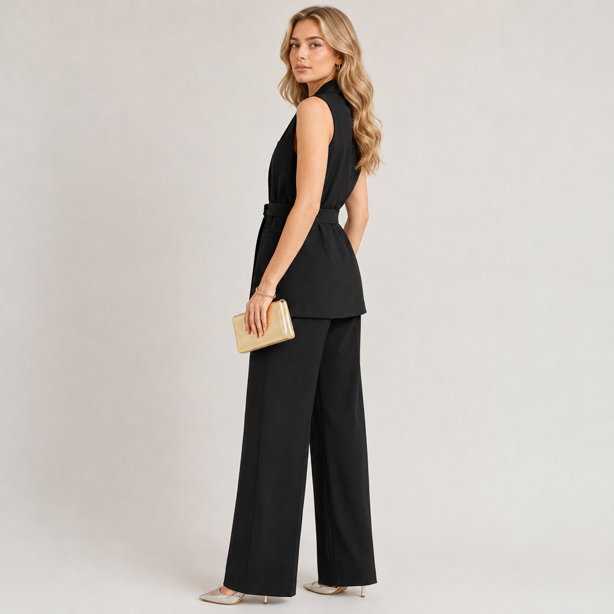 Odalys – Belted Sleeveless Blazer & Wide Leg Trouser Set