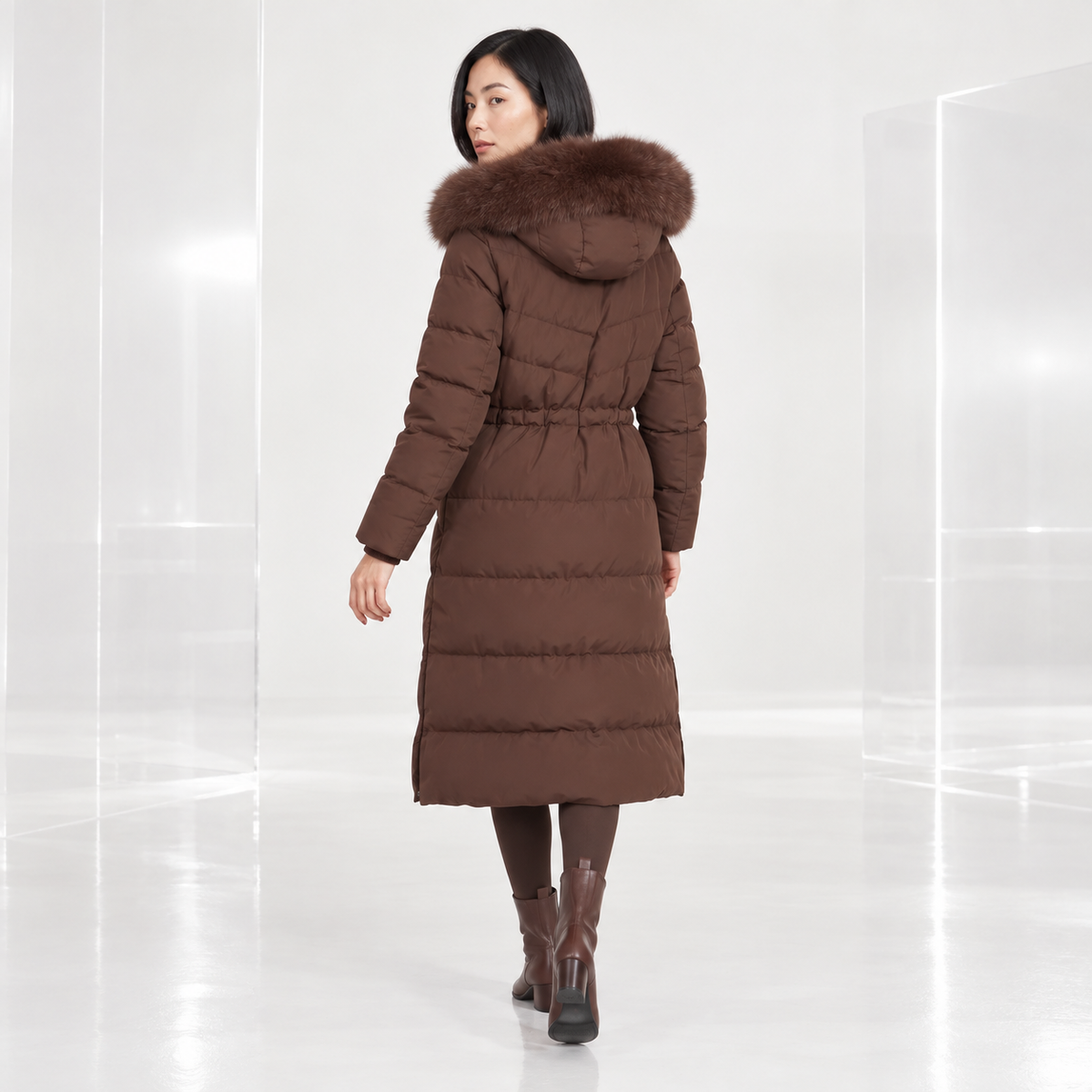 Celestine | Elegant Puffer Coat for Women with Longline Shape & Faux-Fur Hood