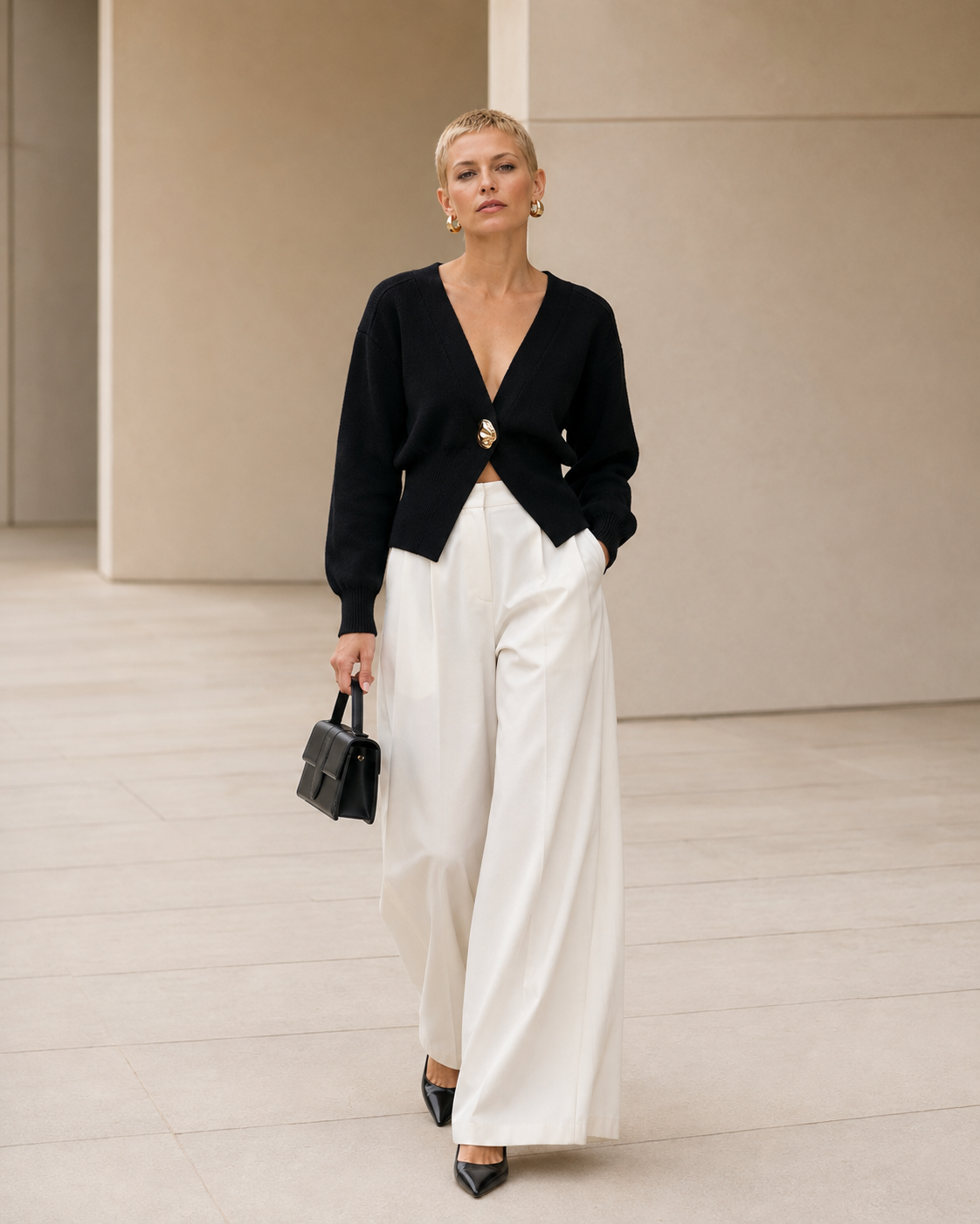 Delphine – V-Neck Cardigan with Gold Button Detail
