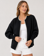 Wilhelmina – Open Cardigan with Elegant Pearl Trim Detail