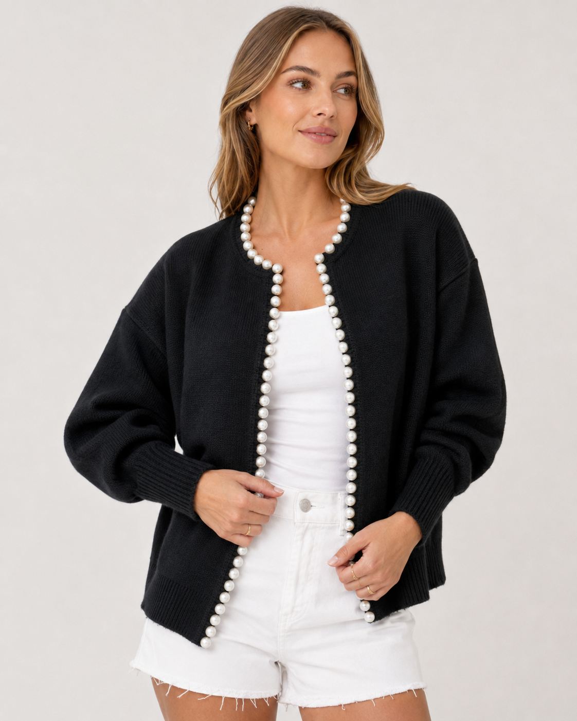 Wilhelmina – Open Cardigan with Elegant Pearl Trim Detail