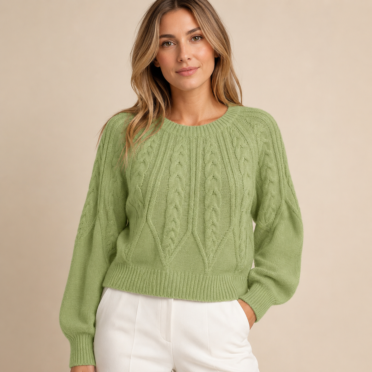 Wilhelmina – Women's Khaki Wide-Sleeve Cable Knit Jumper