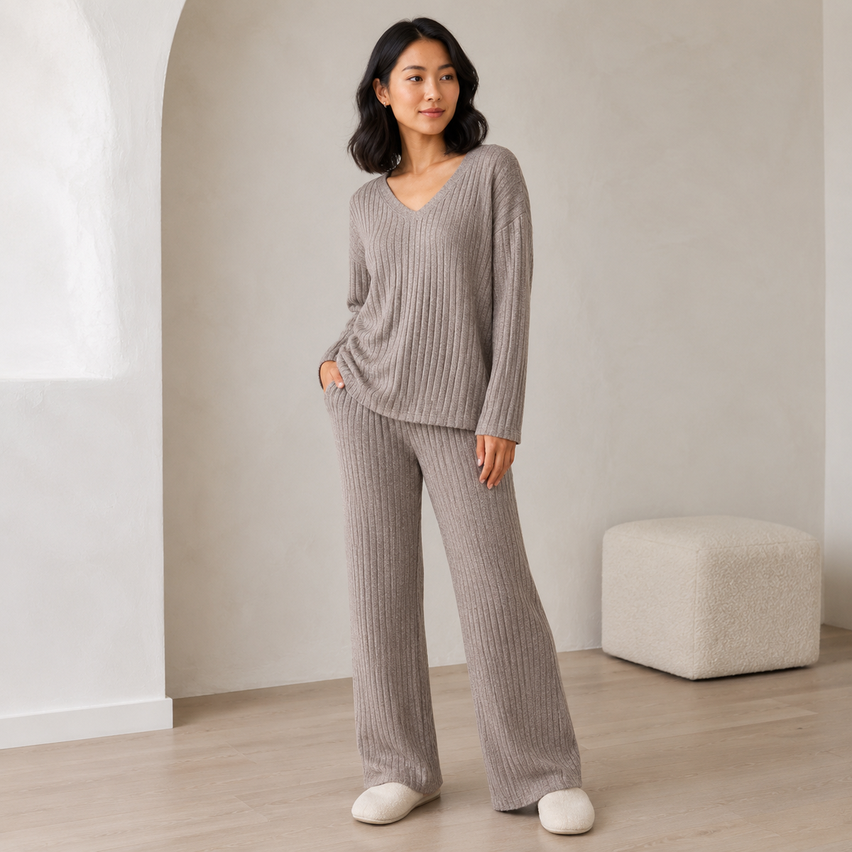 Isaline | Elegant Womens Lounge Sets with Ribbed V-Neck Top & Wide-Leg Trousers