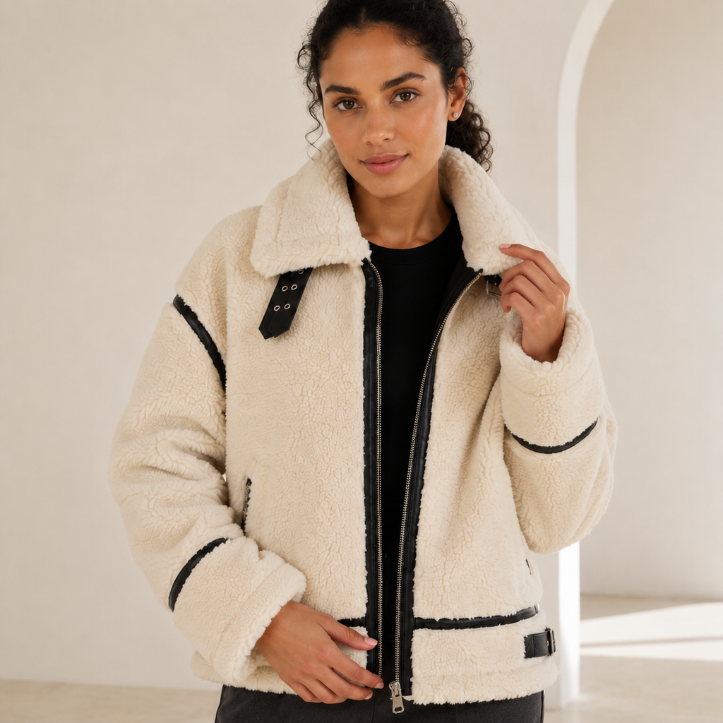 Ines | Cosy Teddy Bear Jacket for Women with Black Accents