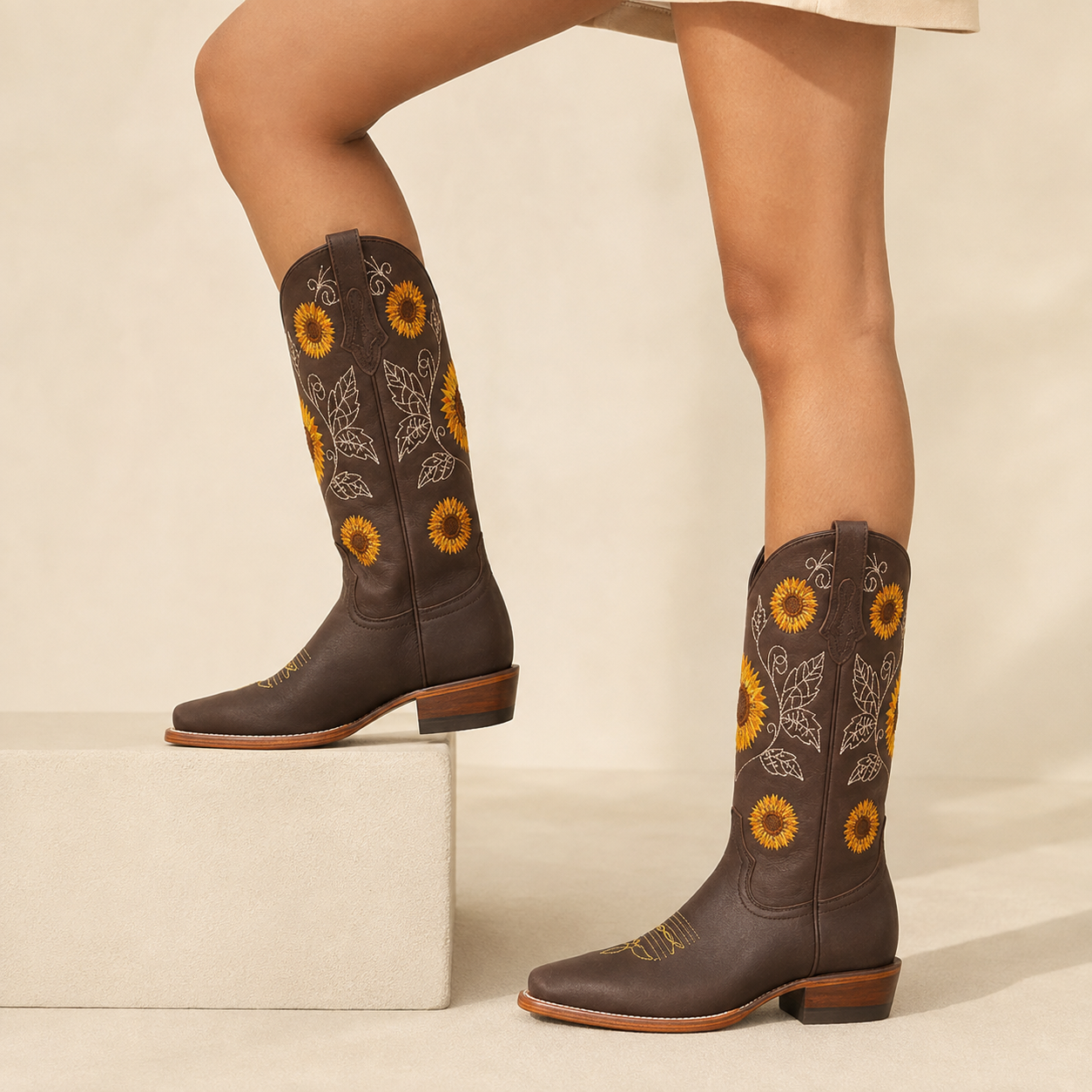 Bronwyn | Brown Sunflower Embroidered Western Pull-On Ankle Boots