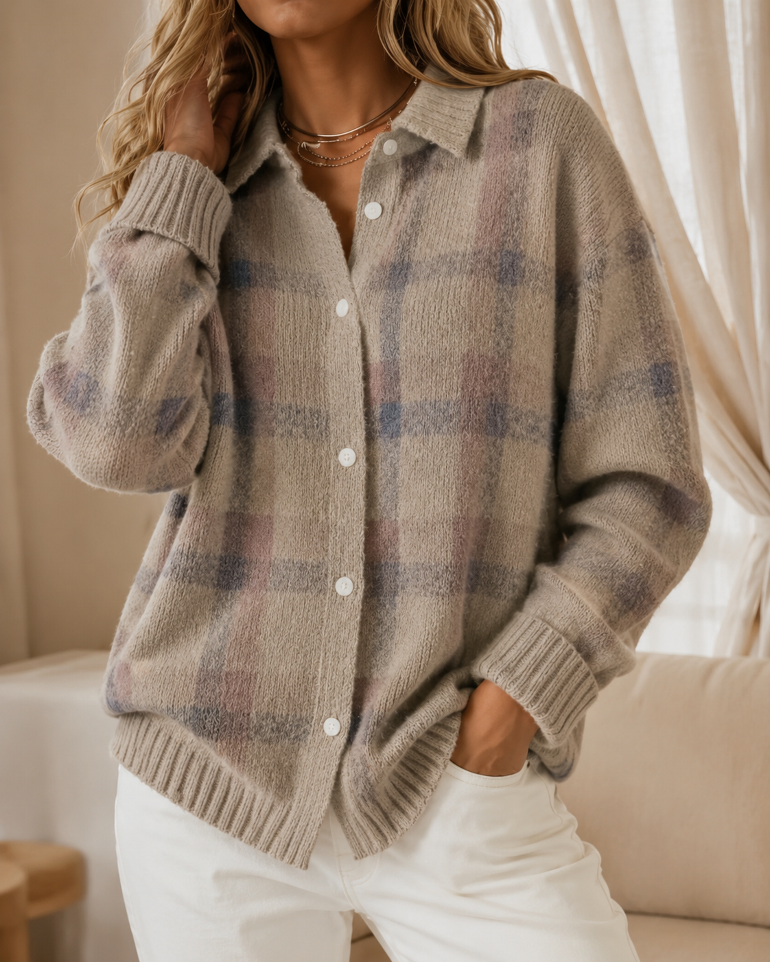 Camellia | Checkered Longline Button-Front Cardigan for Women