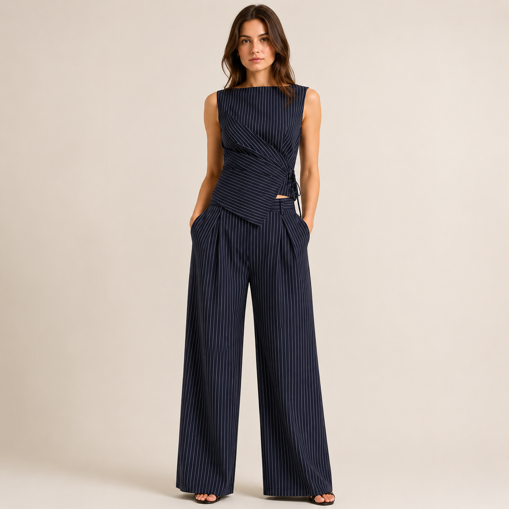 Isadora – Pinstripe Wrap Top & Wide Leg Trouser Co-Ord