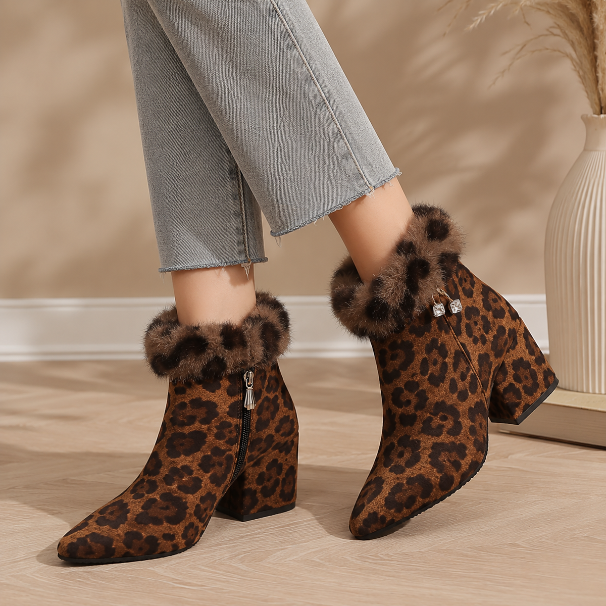 Marisol | Leopard Print Block-Heel Ankle Boots for Women