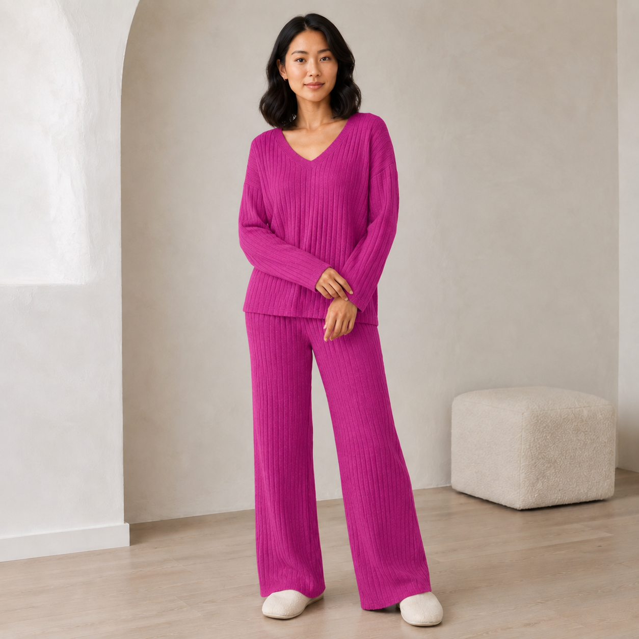 Isaline | Elegant Womens Lounge Sets with Ribbed V-Neck Top & Wide-Leg Trousers