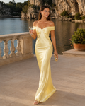 Odile – Yellow Satin Maxi Dress with Off-Shoulder Neckline