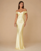 Odile – Yellow Satin Maxi Dress with Off-Shoulder Neckline