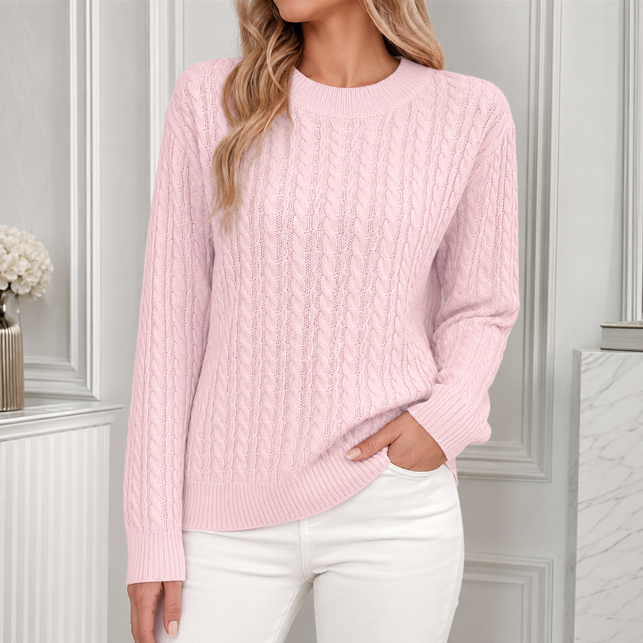 Anouk | Relaxed Cable-Knit Round Neck Sweater for Women